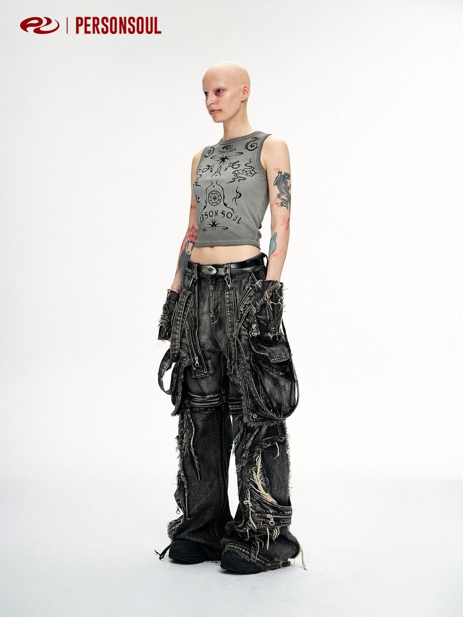 PERSONSOUL Black Reconstructed Detachable Strap Cargo Ripped Women's Denim Wide-leg Jeans