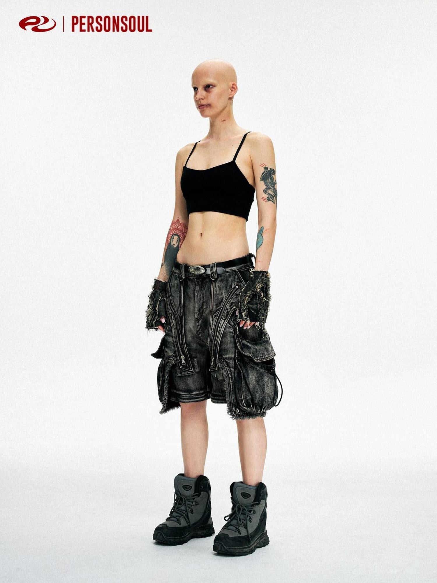 PERSONSOUL Black Reconstructed Detachable Strap Cargo Ripped Women's Denim Wide-leg Jeans
