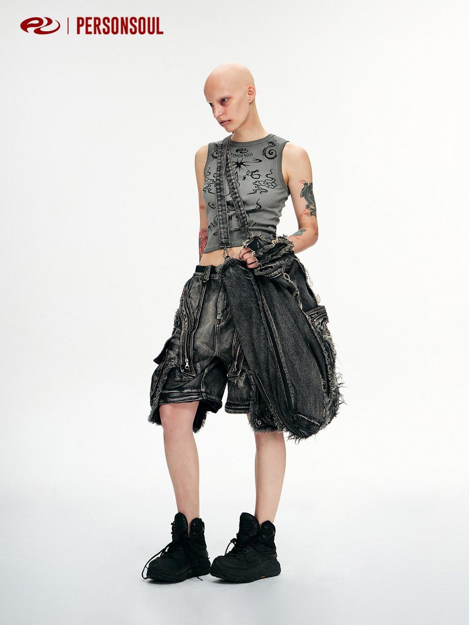 PERSONSOUL Black Reconstructed Detachable Strap Cargo Ripped Women's Denim Wide-leg Jeans