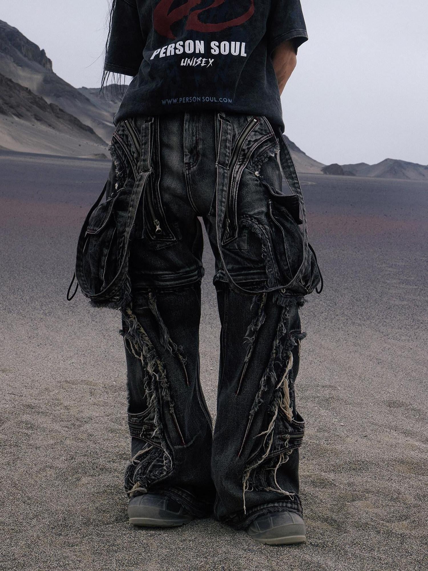 PERSONSOUL Black Reconstructed Detachable Strap Cargo Ripped Women's Denim Wide-leg Jeans