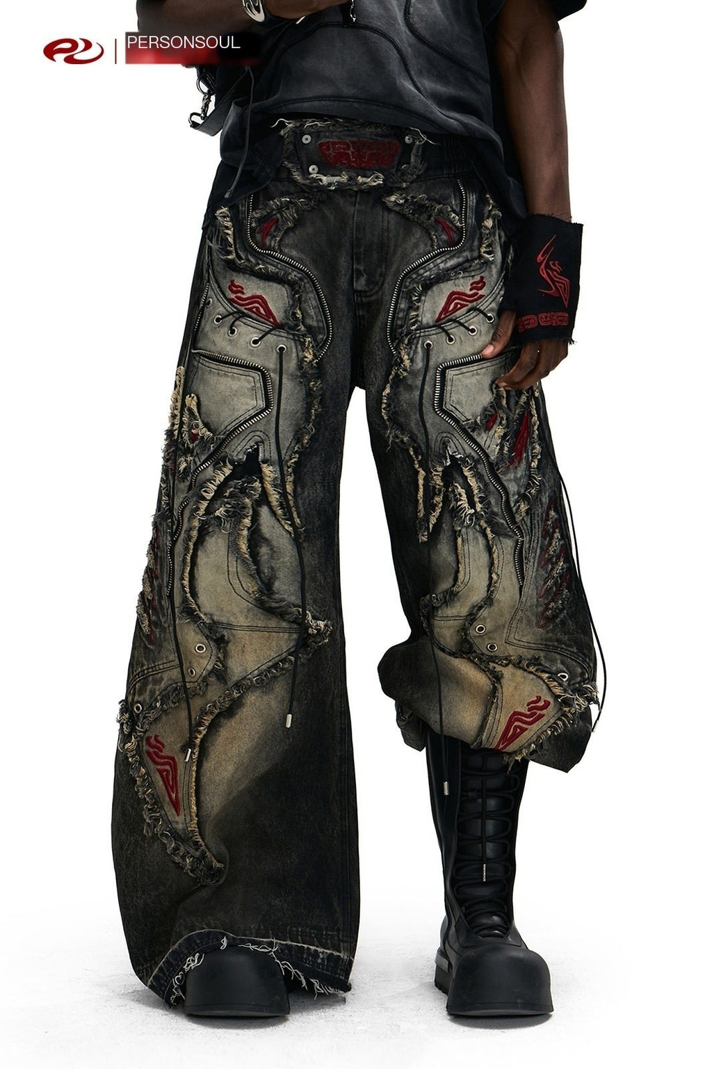 PERSONSOUL_Black_Red_Embroidered_Totem_Zipper_Distressed_Women's_Cotton_Wide-leg_Jeans_1017284942850_MISSTT