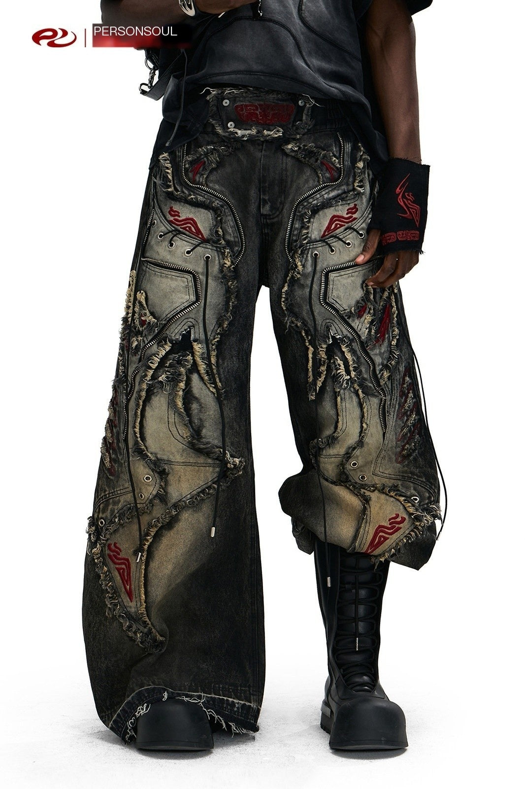 PERSONSOUL_Black_Red_Embroidered_Totem_Zipper_Distressed_Women's_Cotton_Wide-leg_Jeans_1017284942850_MISSTT