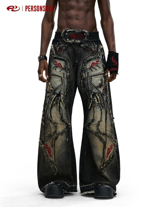 PERSONSOUL Black Red Embroidered Totem Zipper Distressed Women's Cotton Wide-leg Jeans