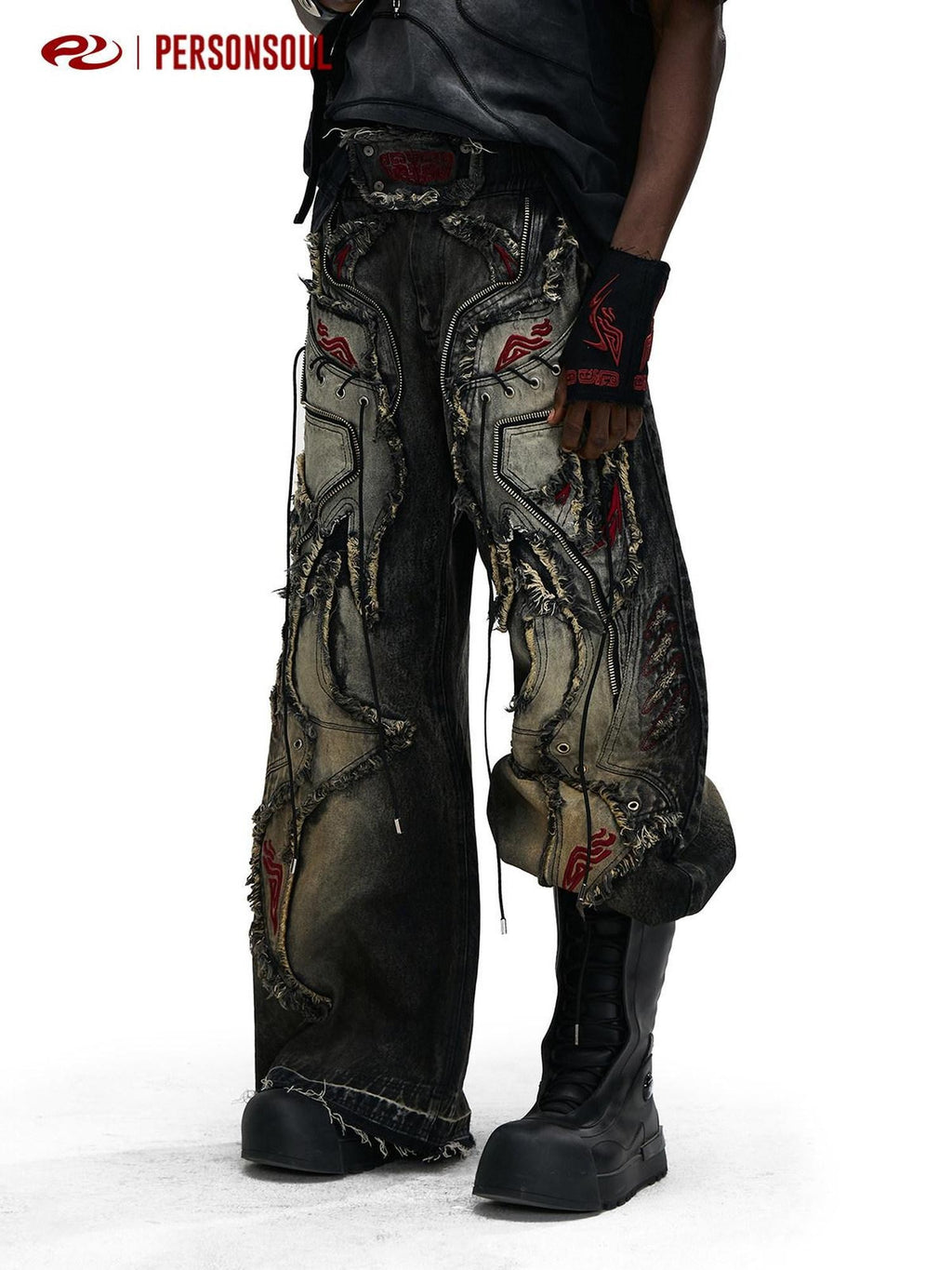 PERSONSOUL Black Red Embroidered Totem Zipper Distressed Women's Cotton Wide-leg Jeans