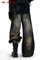 PERSONSOUL Black Red Embroidered Totem Zipper Distressed Women's Cotton Wide-leg Jeans