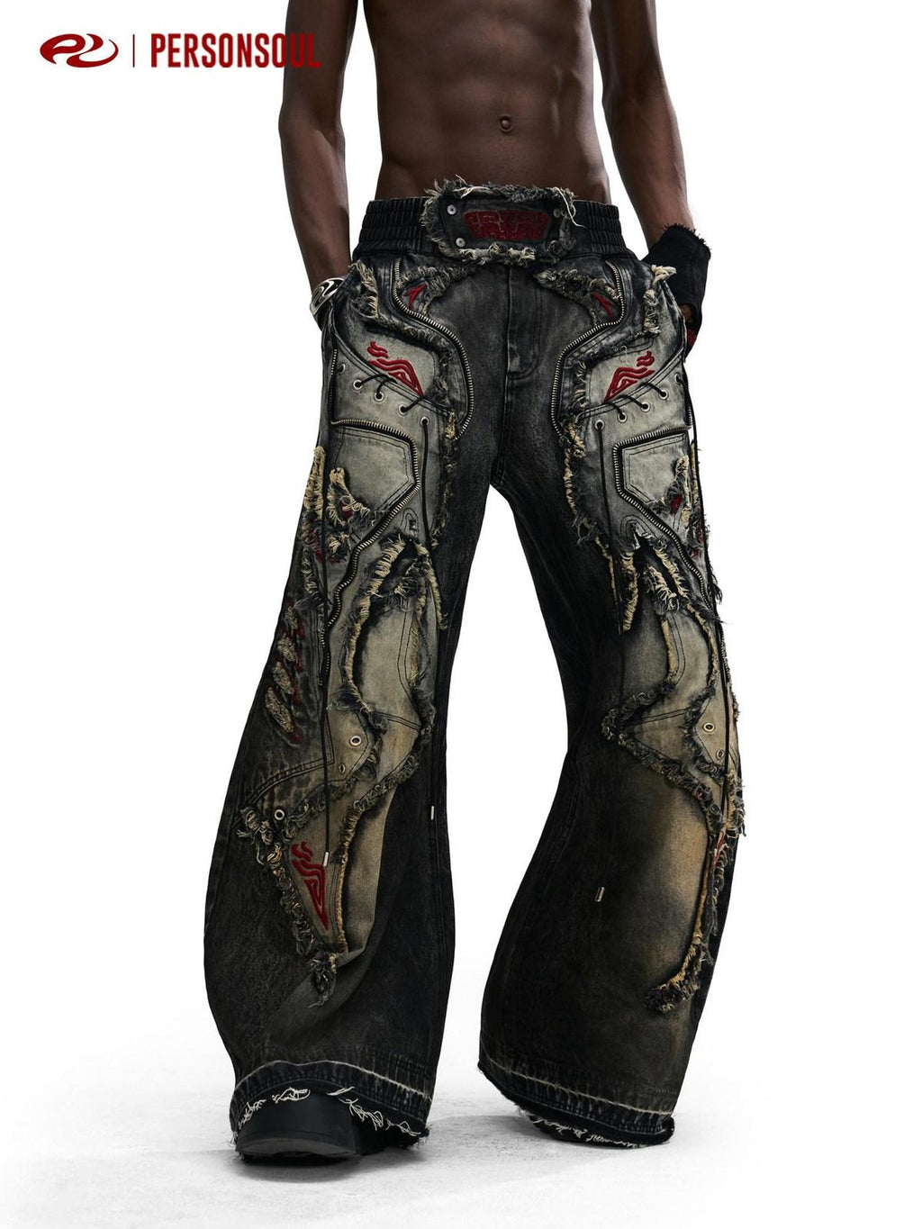PERSONSOUL Black Red Embroidered Totem Zipper Distressed Women's Cotton Wide-leg Jeans