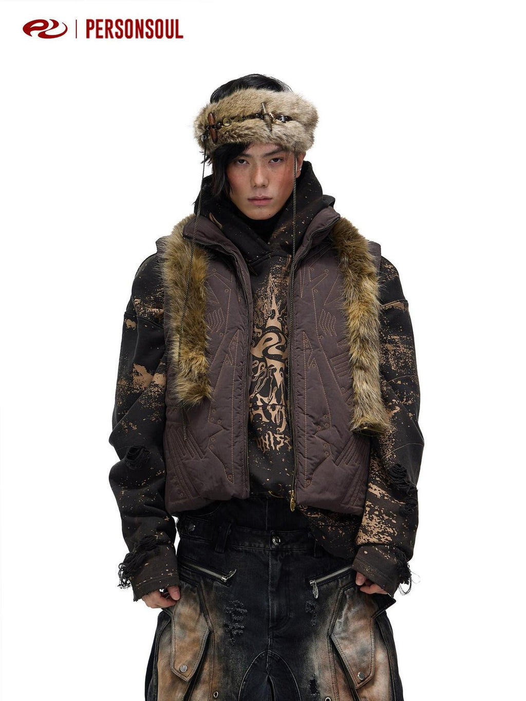 PERSONSOUL Brown Armor Stitch Embroidery Geometric Cropped Stand Collar Women's Nylon Vests
