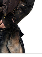 PERSONSOUL Brown Armor Stitch Embroidery Geometric Cropped Stand Collar Women's Nylon Vests