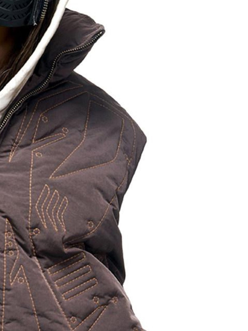 PERSONSOUL Brown Armor Stitch Embroidery Geometric Cropped Stand Collar Women's Nylon Vests