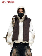 PERSONSOUL Brown Armor Stitch Embroidery Geometric Cropped Stand Collar Women's Nylon Vests