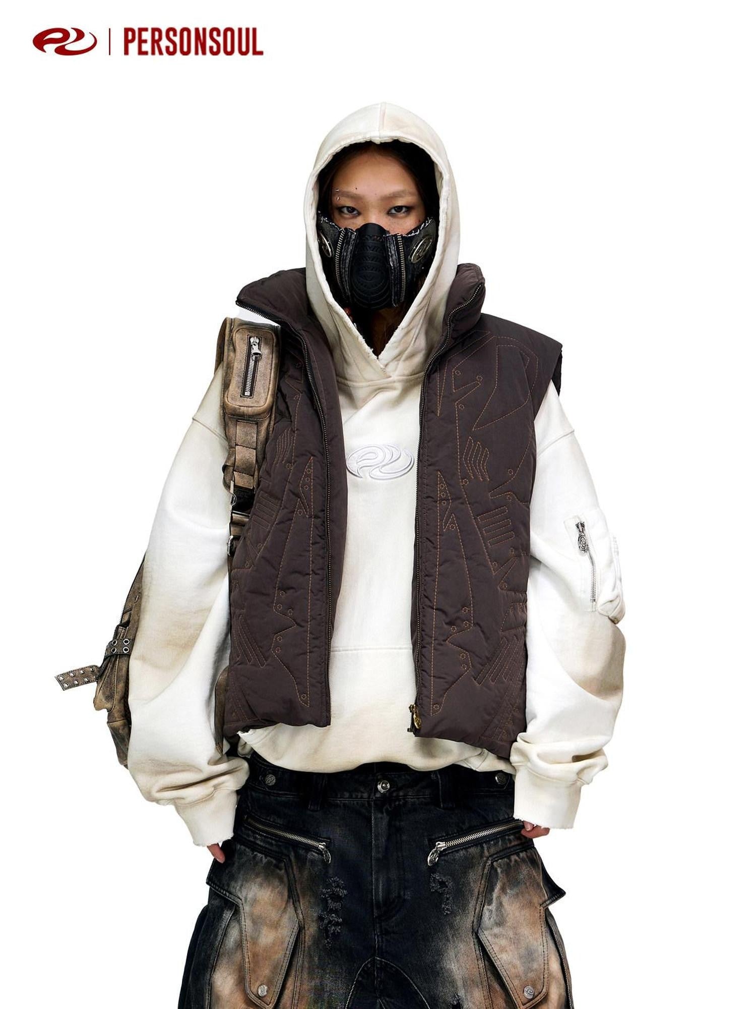 PERSONSOUL Brown Armor Stitch Embroidery Geometric Cropped Stand Collar Women's Nylon Vests