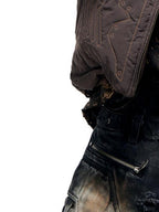 PERSONSOUL Brown Armor Stitch Embroidery Geometric Cropped Stand Collar Women's Nylon Vests