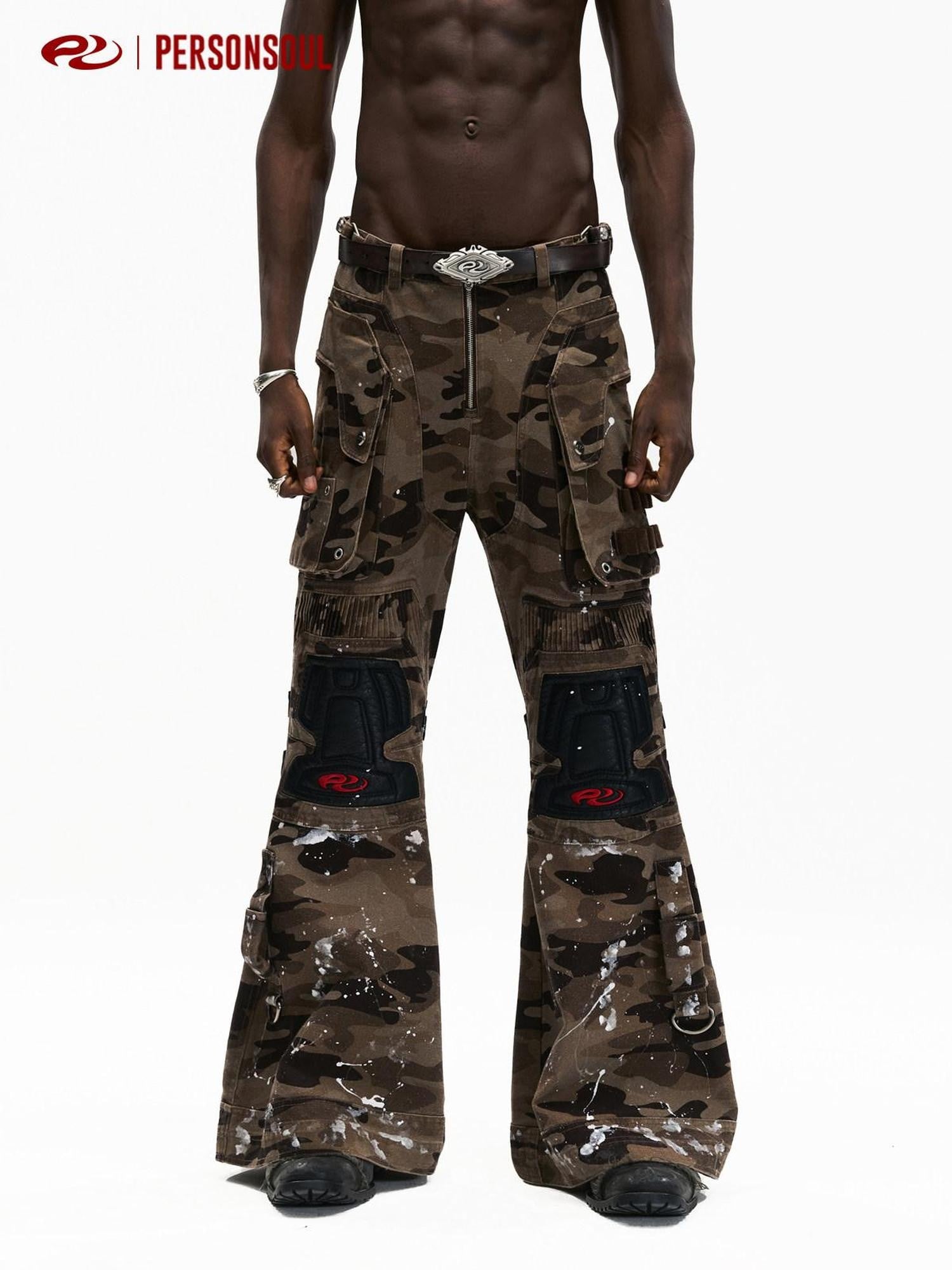 PERSONSOUL Camouflage Racer Protective Structure Mid Rise Cargo Women's Cotton Flare Pants