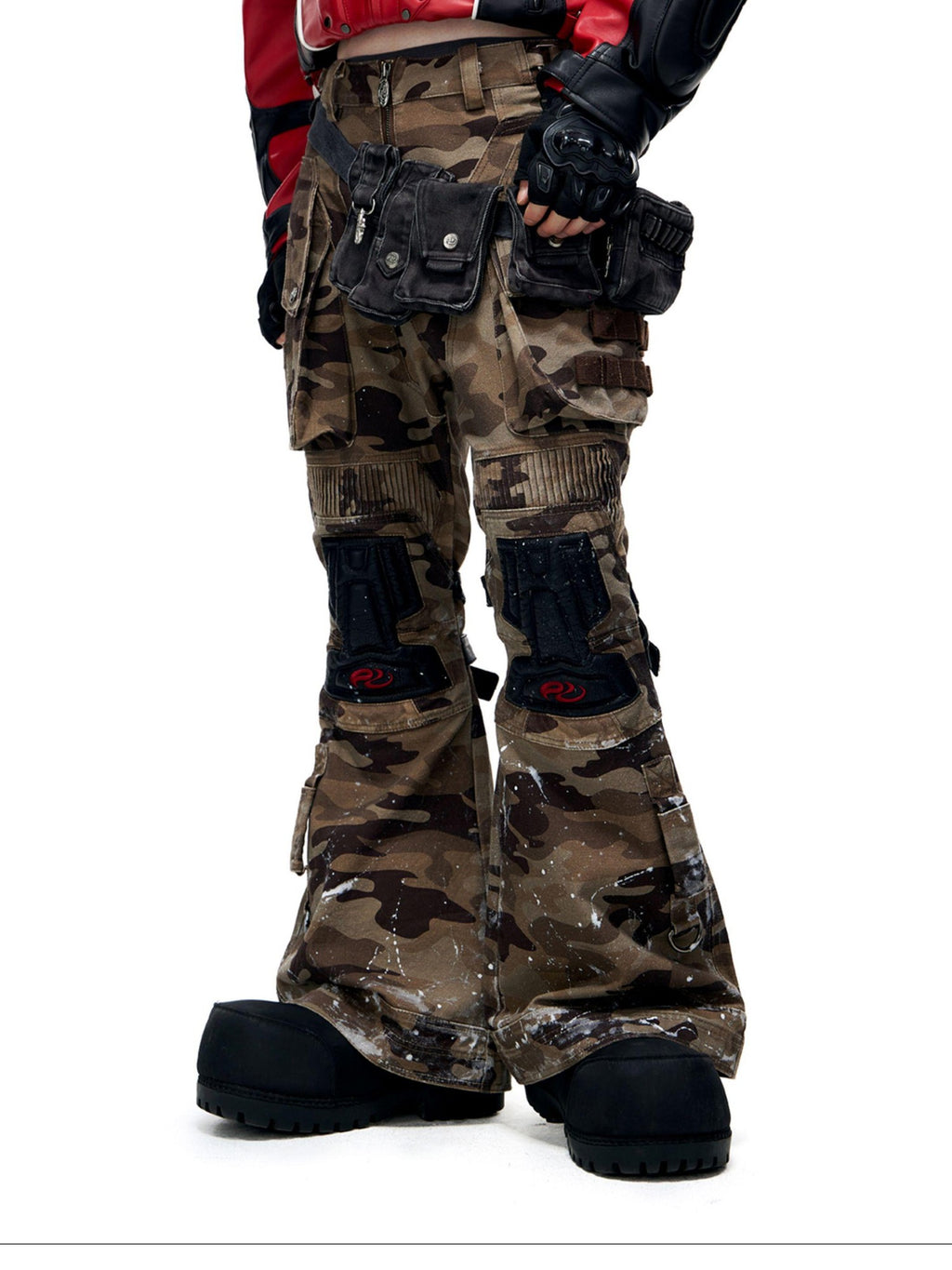 PERSONSOUL Camouflage Racer Protective Structure Mid Rise Cargo Women's Cotton Flare Pants