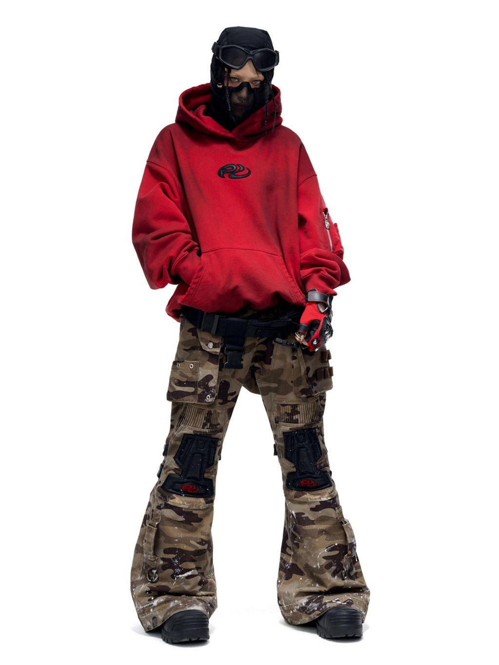 PERSONSOUL Camouflage Racer Protective Structure Mid Rise Cargo Women's Cotton Flare Pants