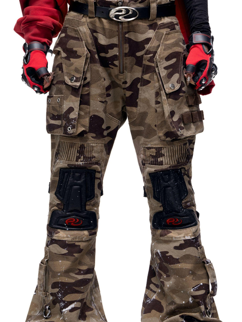 PERSONSOUL Camouflage Racer Protective Structure Mid Rise Cargo Women's Cotton Flare Pants