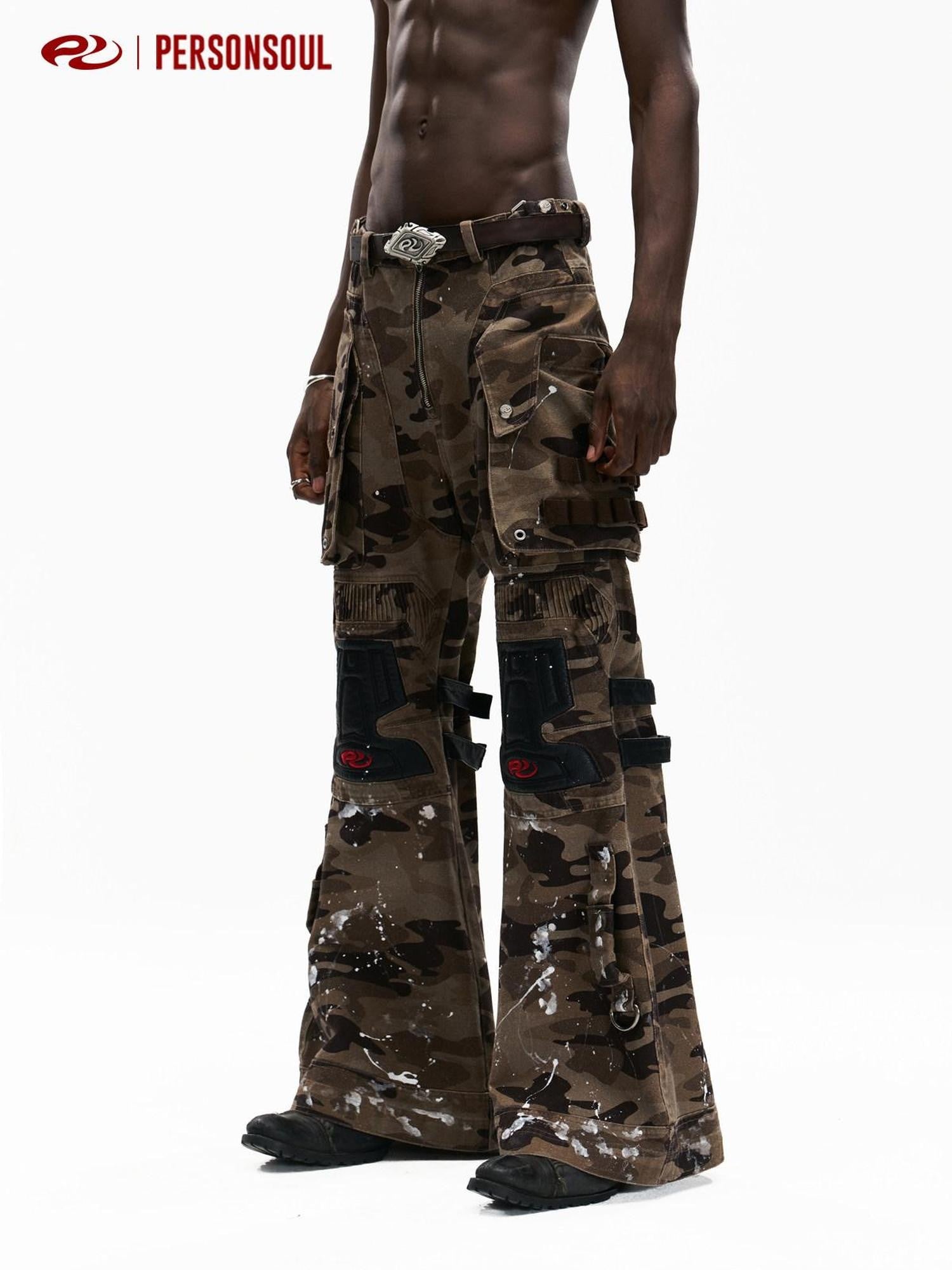 PERSONSOUL Camouflage Racer Protective Structure Mid Rise Cargo Women's Cotton Flare Pants