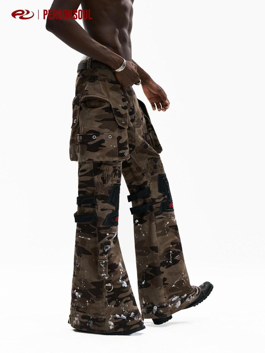 PERSONSOUL Camouflage Racer Protective Structure Mid Rise Cargo Women's Cotton Flare Pants