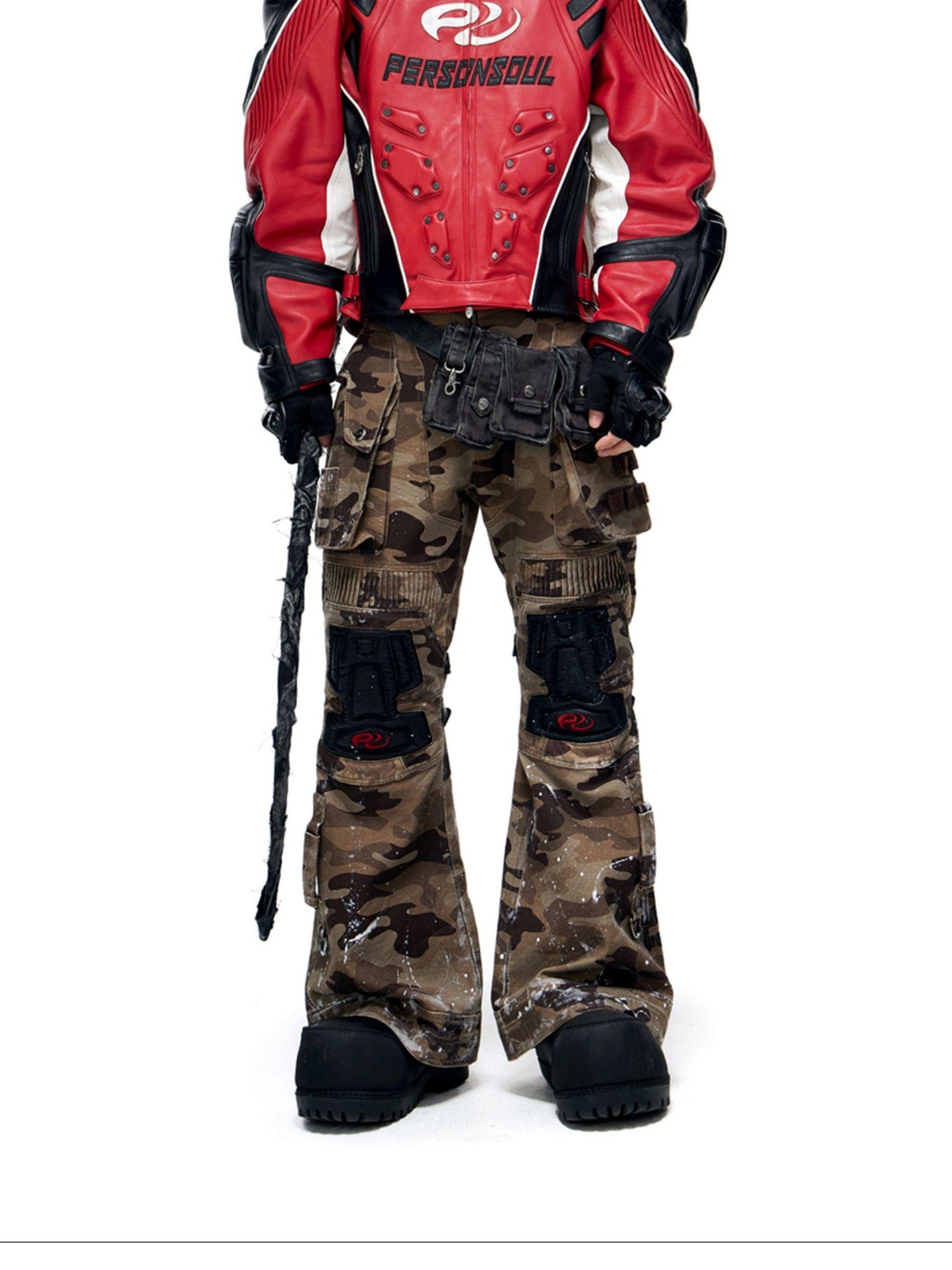 PERSONSOUL Camouflage Racer Protective Structure Mid Rise Cargo Women's Cotton Flare Pants