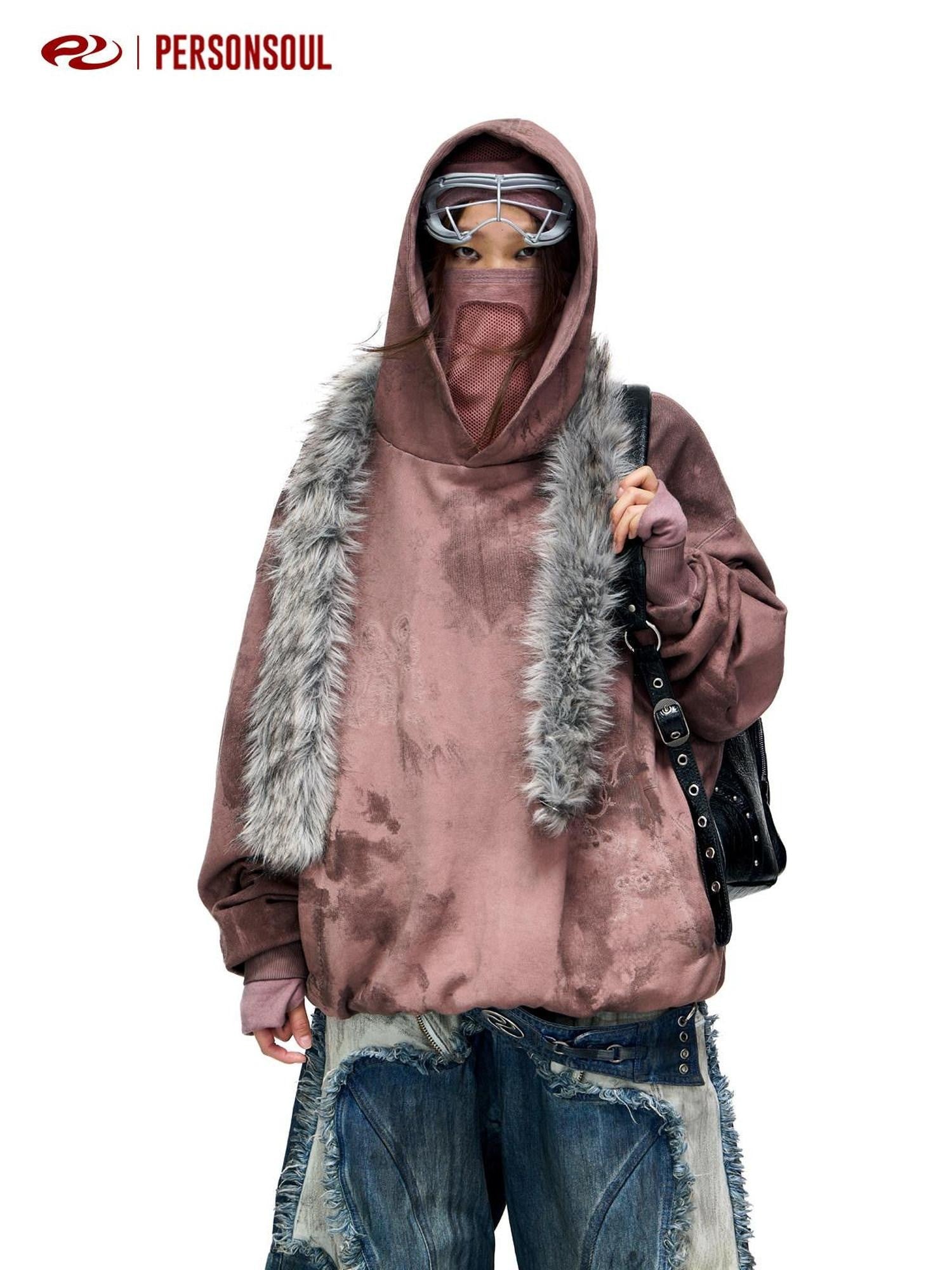 PERSONSOUL Clay Red Auspicious Embroidered Distressed Mask Women's Cotton Hoodies