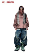 PERSONSOUL Clay Red Auspicious Embroidered Distressed Mask Women's Cotton Hoodies