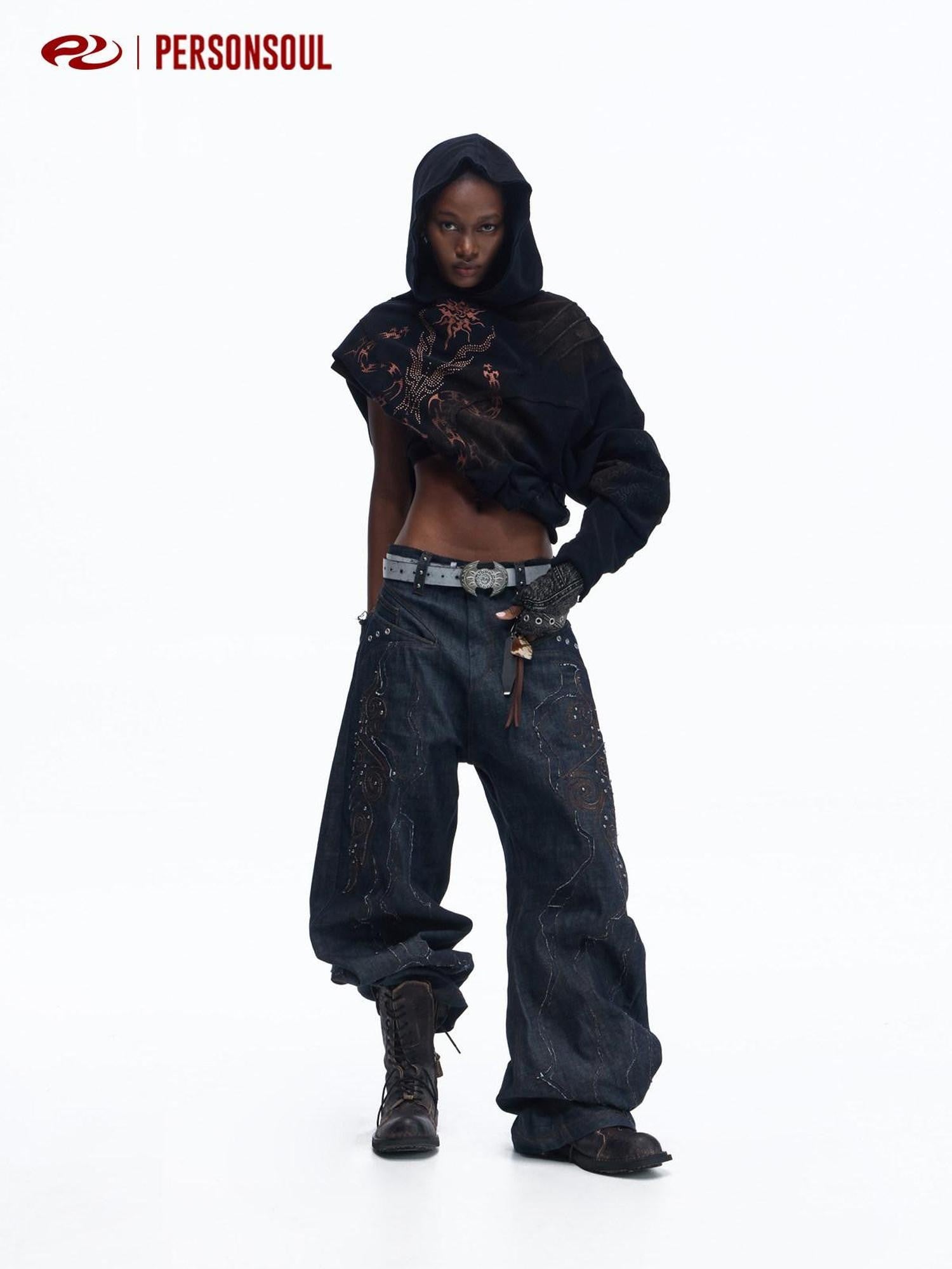 PERSONSOUL Cloud Motif Patchwork Women's Raw Selvedge Denim Wide-leg Jeans