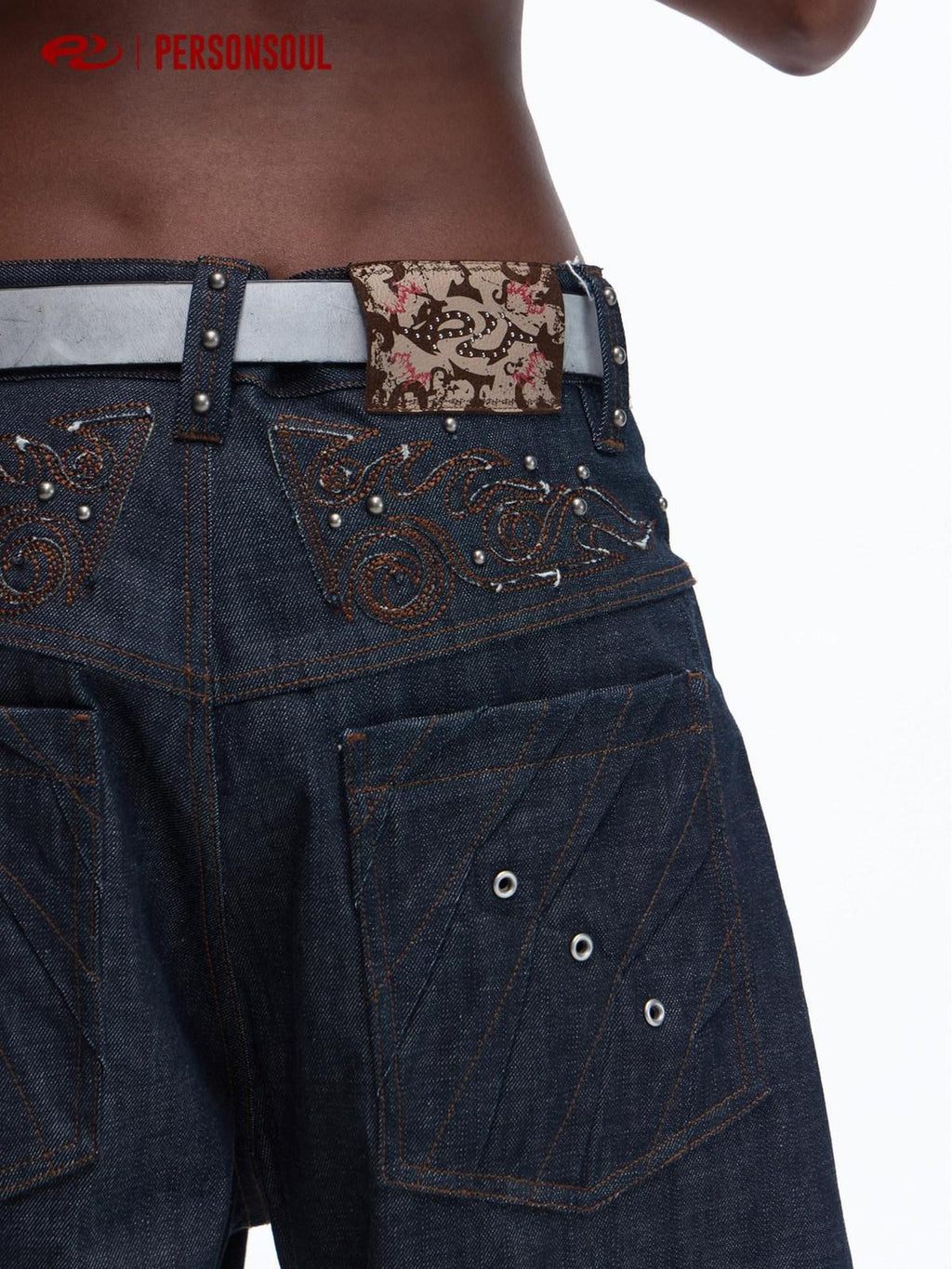 PERSONSOUL Cloud Motif Patchwork Women's Raw Selvedge Denim Wide-leg Jeans