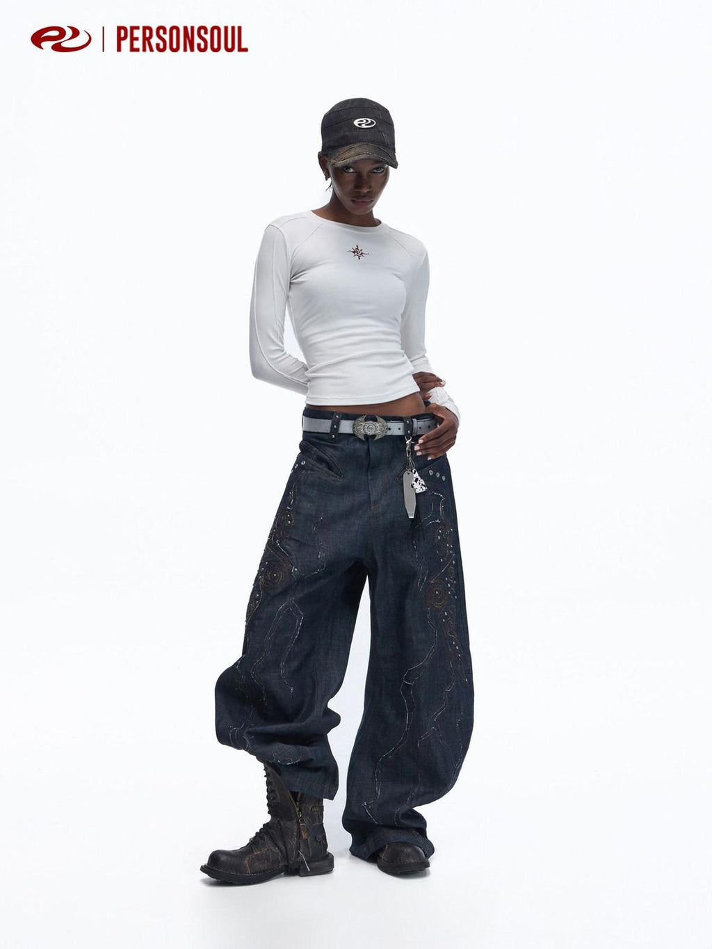 PERSONSOUL Cloud Motif Patchwork Women's Raw Selvedge Denim Wide-leg Jeans