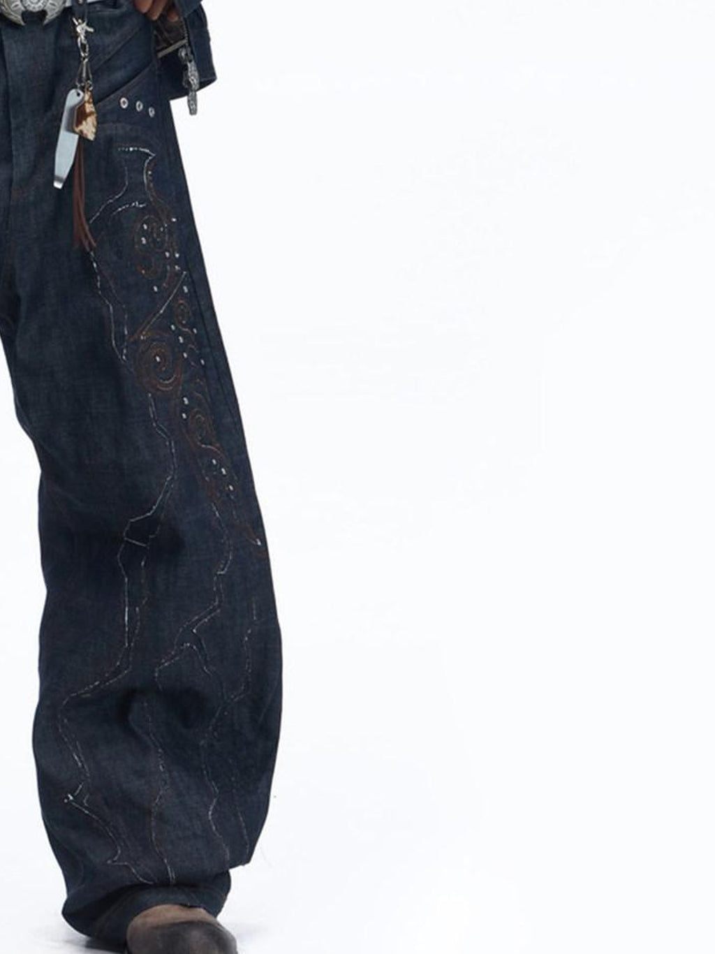 PERSONSOUL Cloud Motif Patchwork Women's Raw Selvedge Denim Wide-leg Jeans