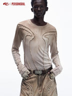 PERSONSOUL Colorwashed Colorblock Patchwork Women's Viscose Blend Long Sleeve T-shirts