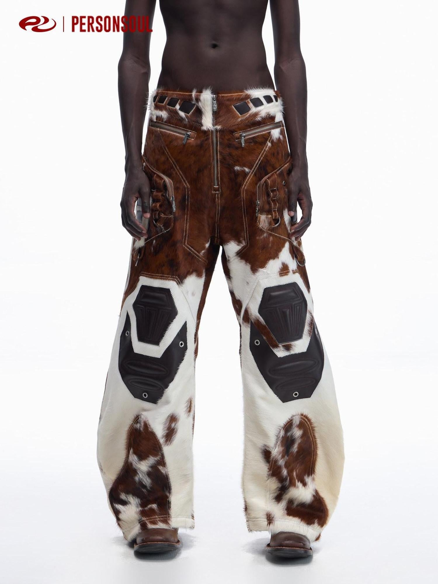 PERSONSOUL Cow Print Biker Patchwork 3d Embellished Women's Top Grain Cowhide Leather Pants