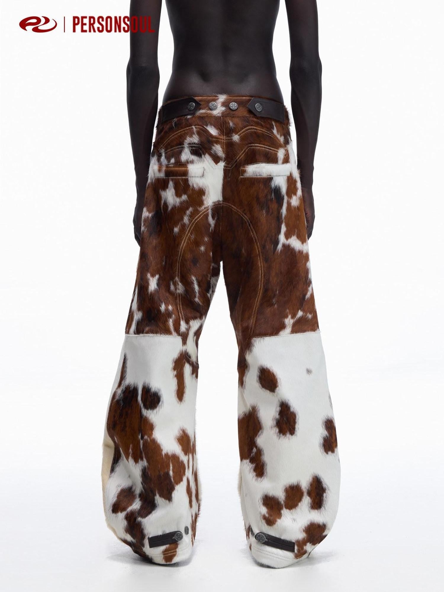 PERSONSOUL Cow Print Biker Patchwork 3d Embellished Women's Top Grain Cowhide Leather Pants