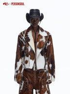 PERSONSOUL Cow Print Shearling Biker Women's Top Grain Cowhide Leather Jackets