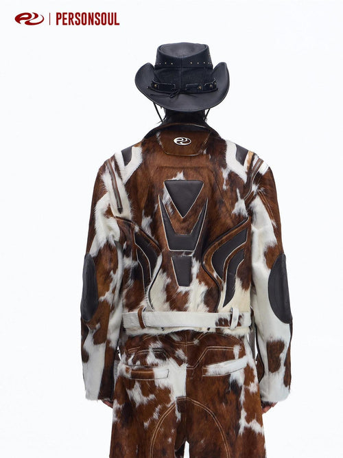 PERSONSOUL Cow Print Shearling Biker Women's Top Grain Cowhide Leather Jackets
