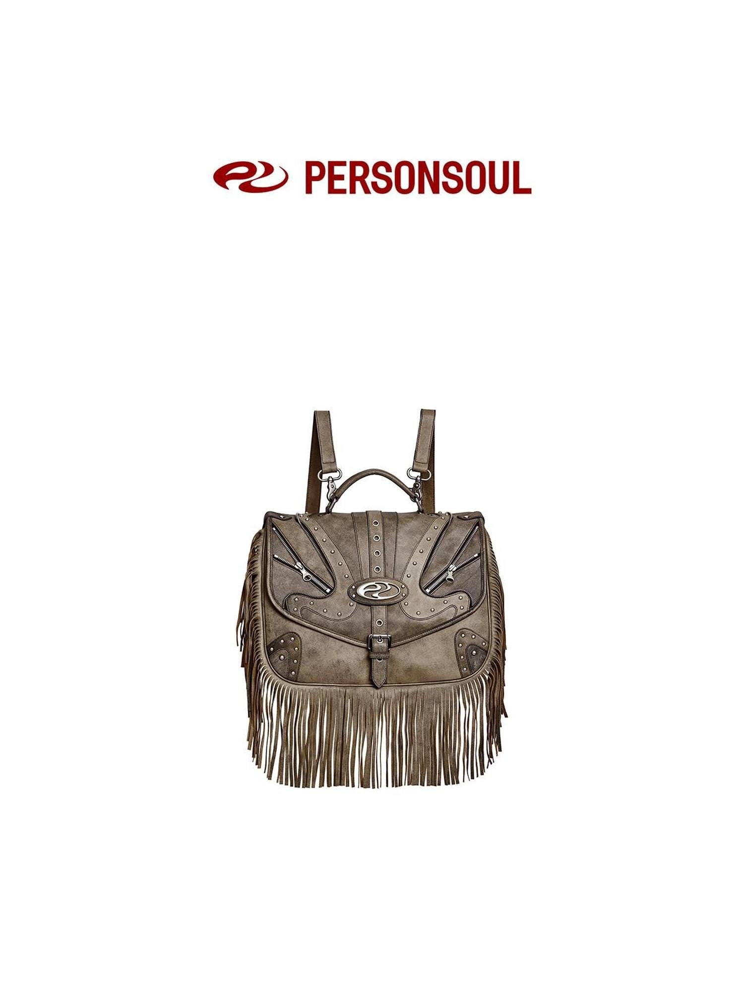 PERSONSOUL Cracked Black Handmade Tassel Punk Boxy Women's Sheepskin Backpack
