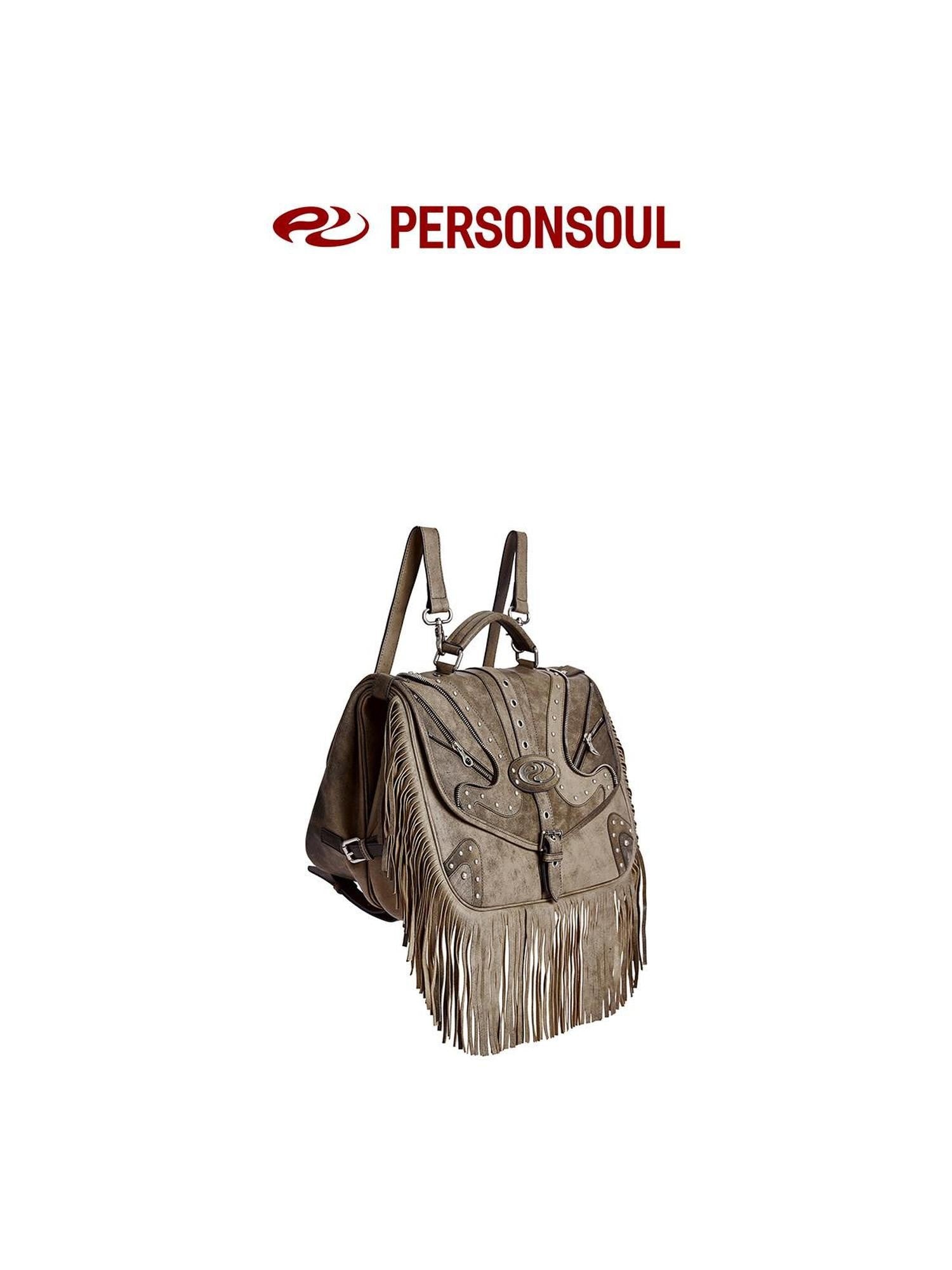 PERSONSOUL Cracked Black Handmade Tassel Punk Boxy Women's Sheepskin Backpack