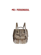 PERSONSOUL Cracked Black Handmade Tassel Punk Boxy Women's Sheepskin Backpack