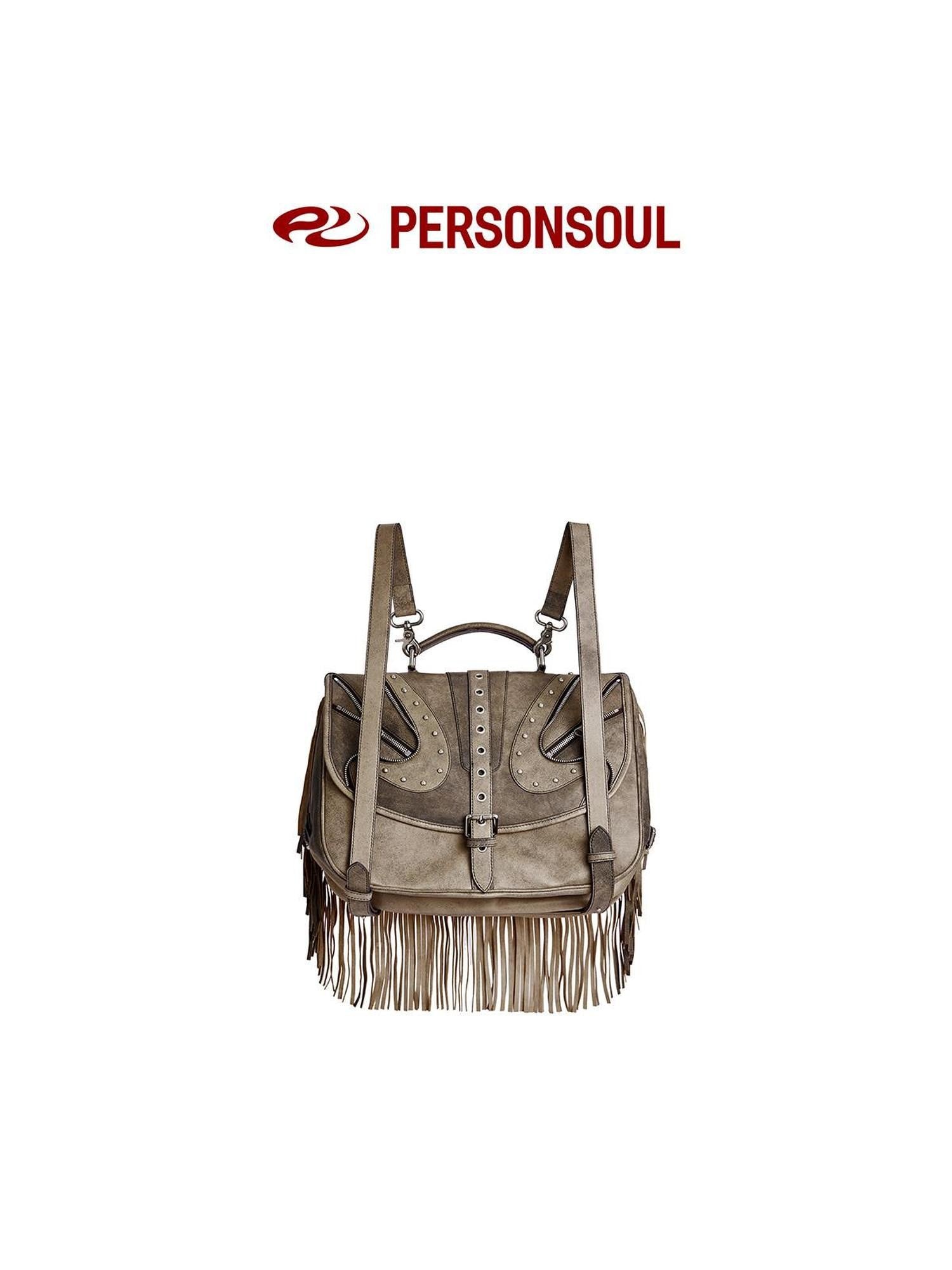 PERSONSOUL Cracked Black Handmade Tassel Punk Boxy Women's Sheepskin Backpack