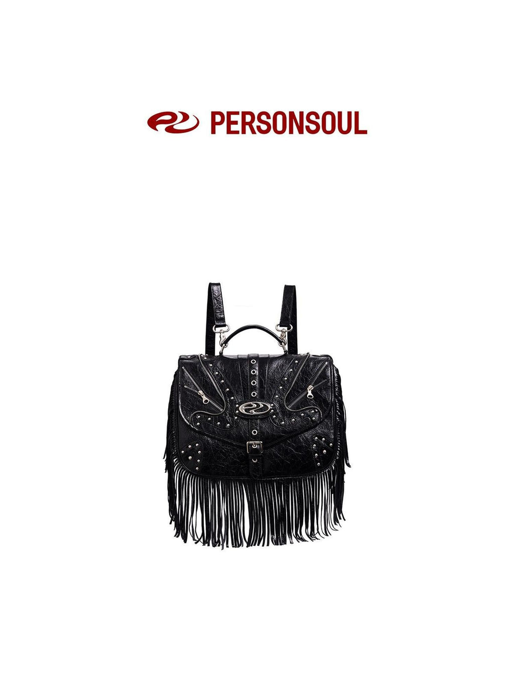 PERSONSOUL Cracked Black Handmade Tassel Punk Boxy Women's Sheepskin Backpack