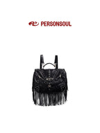 PERSONSOUL Cracked Black Handmade Tassel Punk Boxy Women's Sheepskin Backpack