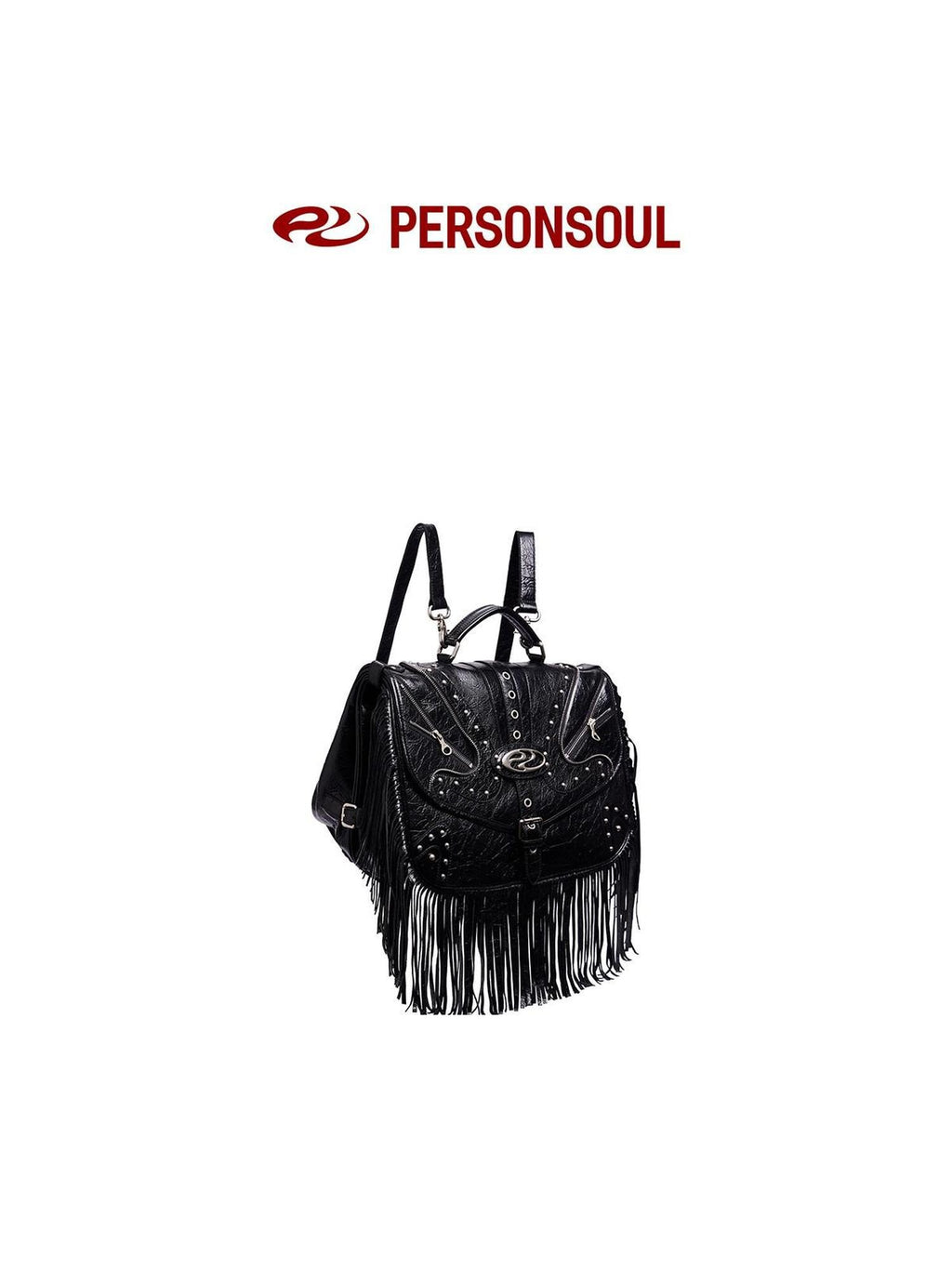 PERSONSOUL Cracked Black Handmade Tassel Punk Boxy Women's Sheepskin Backpack