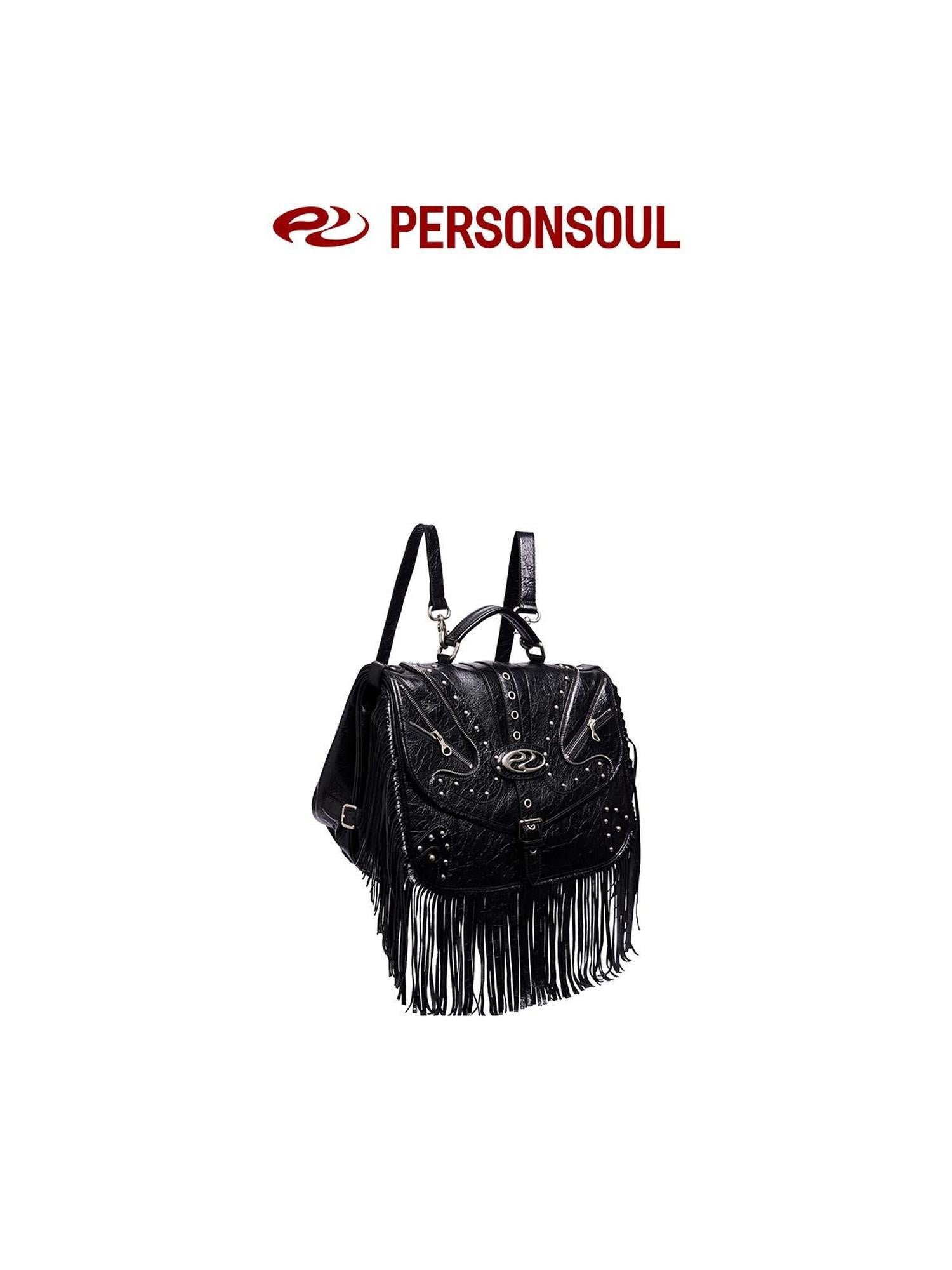PERSONSOUL Cracked Black Handmade Tassel Punk Boxy Women's Sheepskin Backpack