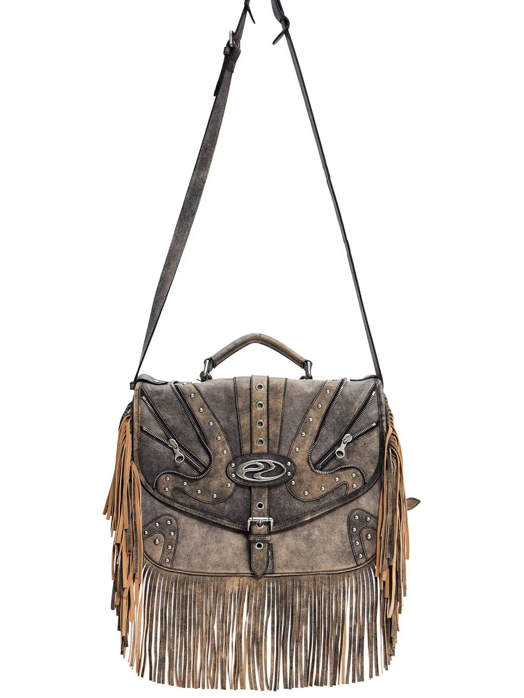 PERSONSOUL Cracked Black Handmade Tassel Punk Boxy Women's Sheepskin Backpack