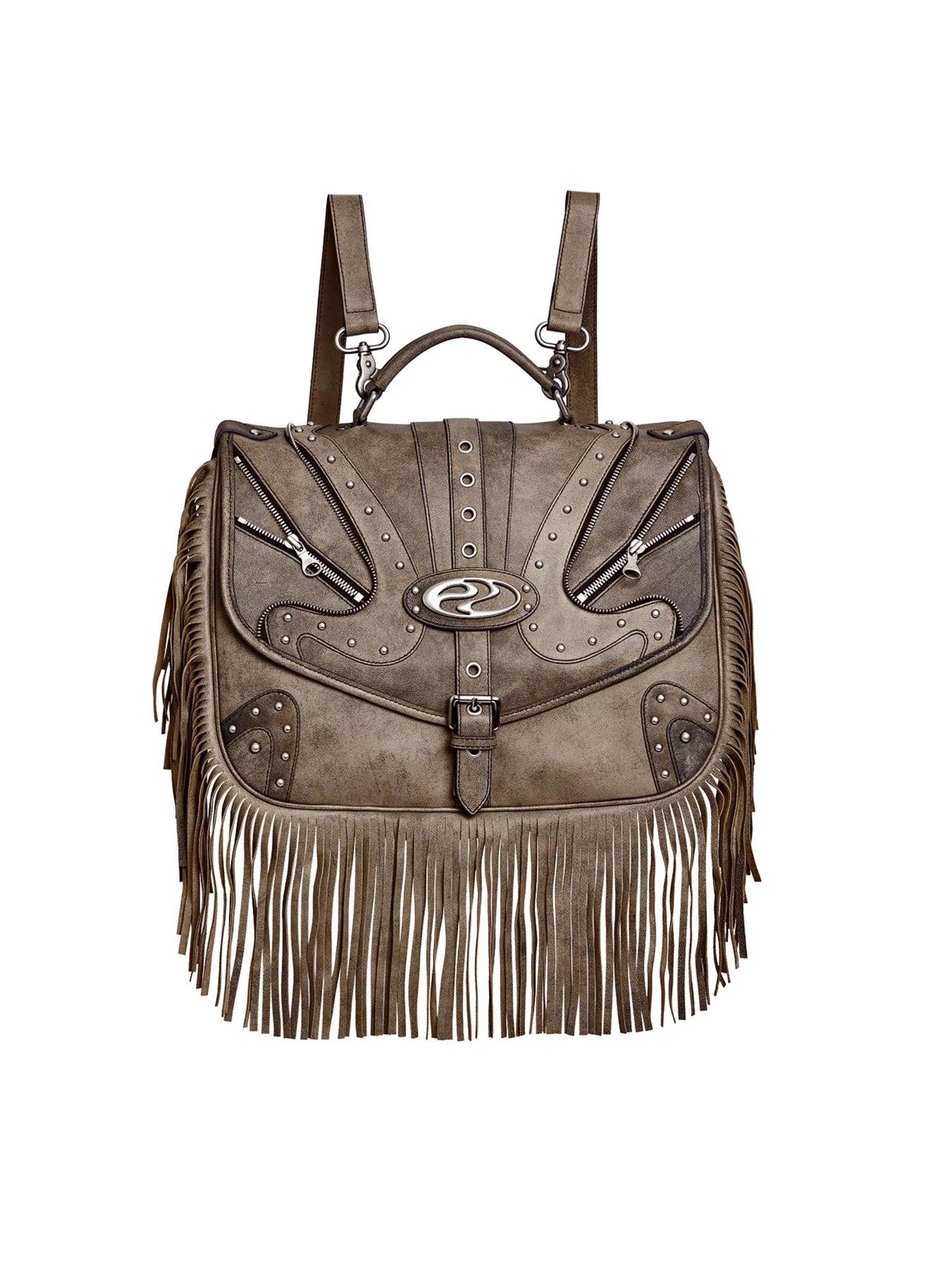 PERSONSOUL Cracked Black Handmade Tassel Punk Boxy Women's Sheepskin Backpack