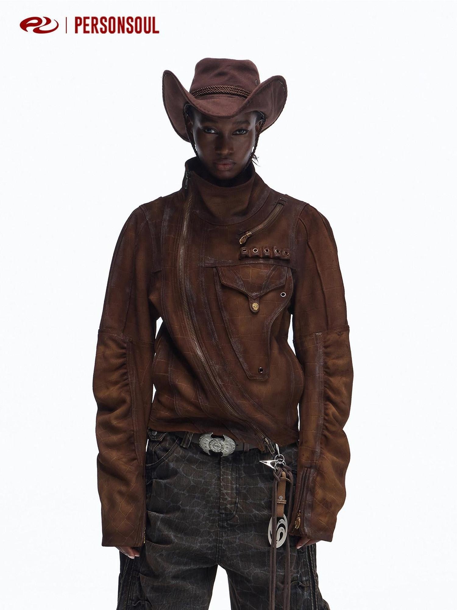 PERSONSOUL Crocodile Embossed Distressed Slim Women's Cowhide Leather Jackets