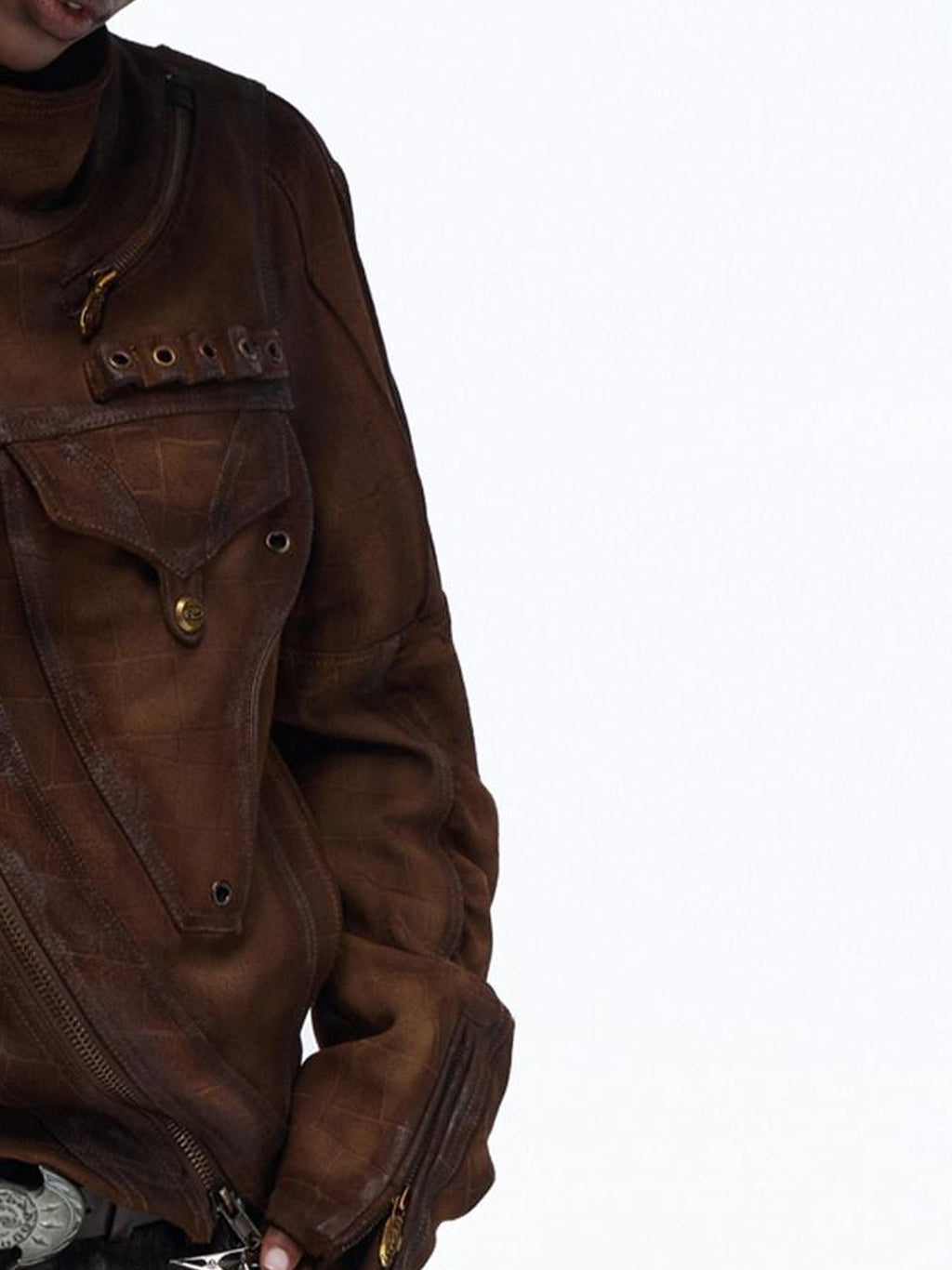PERSONSOUL Crocodile Embossed Distressed Slim Women's Cowhide Leather Jackets