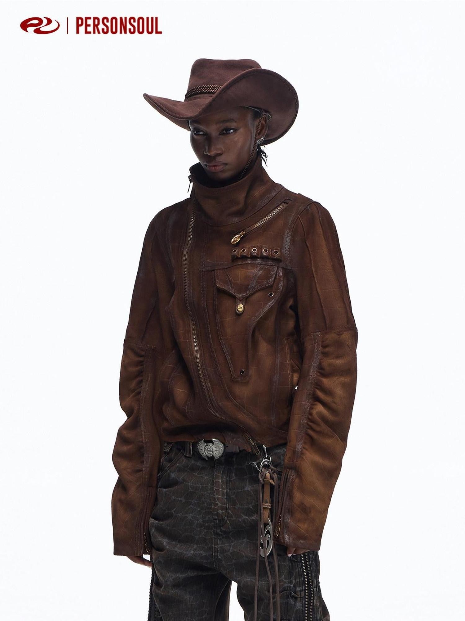 PERSONSOUL Crocodile Embossed Distressed Slim Women's Cowhide Leather Jackets