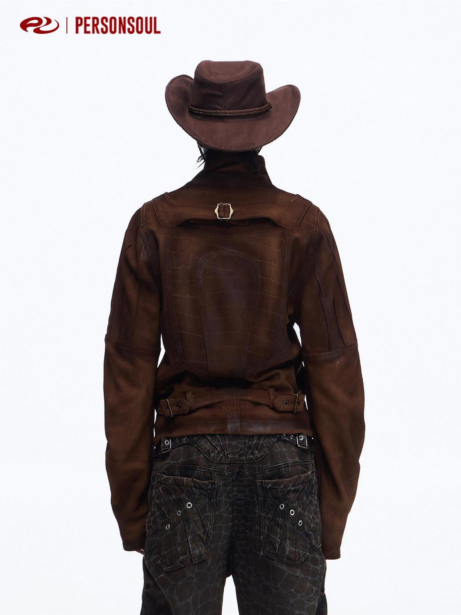 PERSONSOUL Crocodile Embossed Distressed Slim Women's Cowhide Leather Jackets