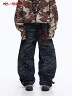 PERSONSOUL Crocodile Pattern Laser Engraved Rock Relaxed Women's Cotton Wide-leg Jeans