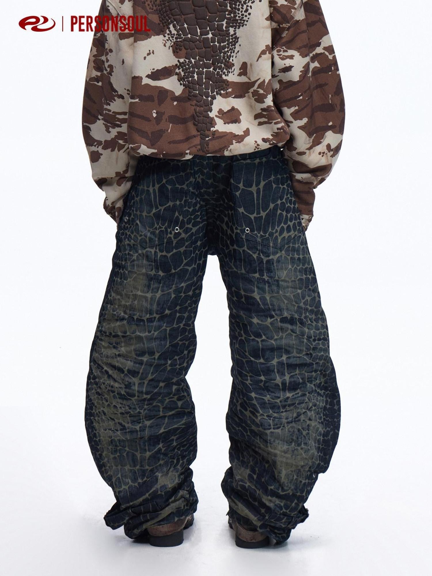 PERSONSOUL Crocodile Pattern Laser Engraved Rock Relaxed Women's Cotton Wide-leg Jeans